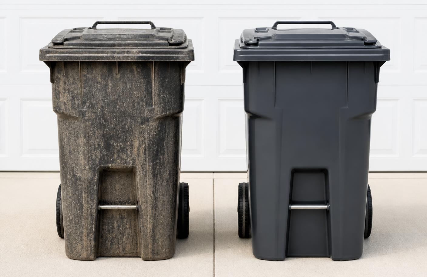 A grimy trash bin next to a freshly cleaned trash bin