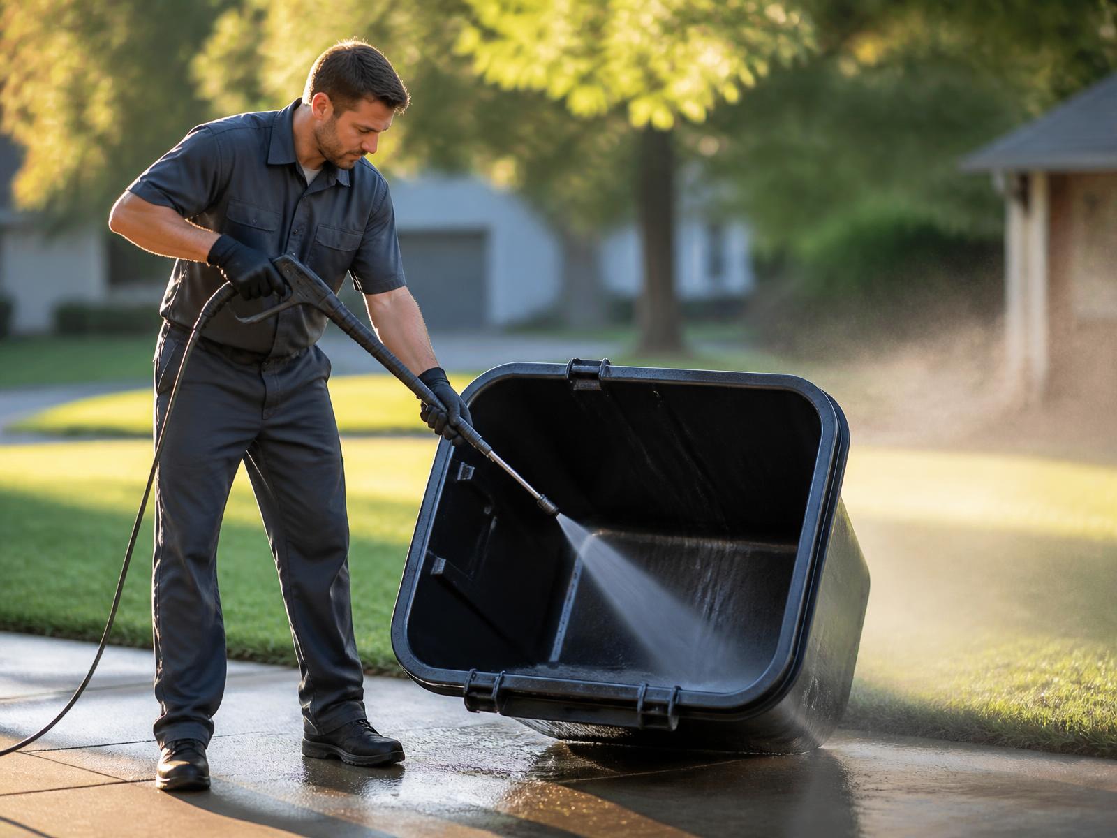 A technician pressure-washing the inside of a residential trash bin on a driveway