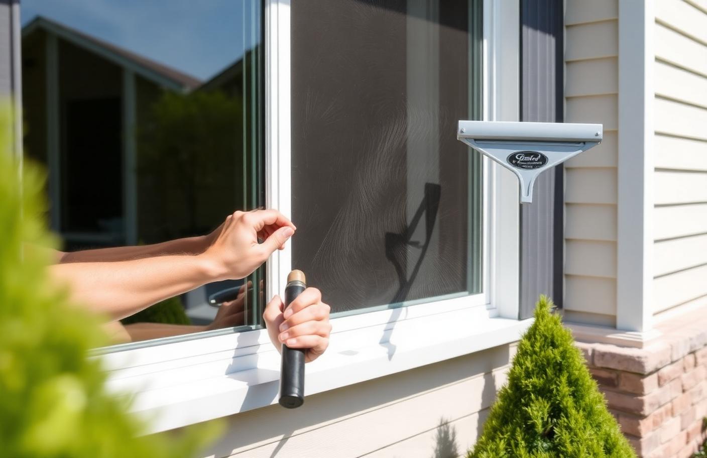 A squeegee pulling water down the outside of a clean ground-level house window